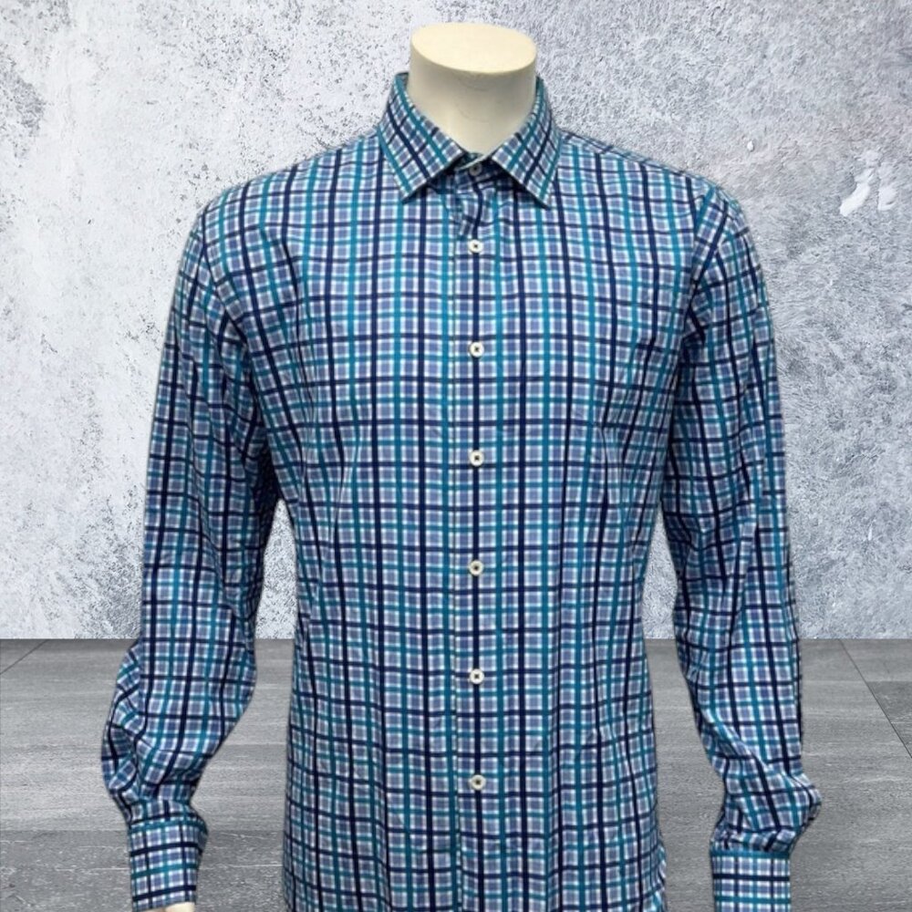 Bugatchi Uomo Purple Blue White Checkered Shaped Fit Long Sleeve Shirt Size XL